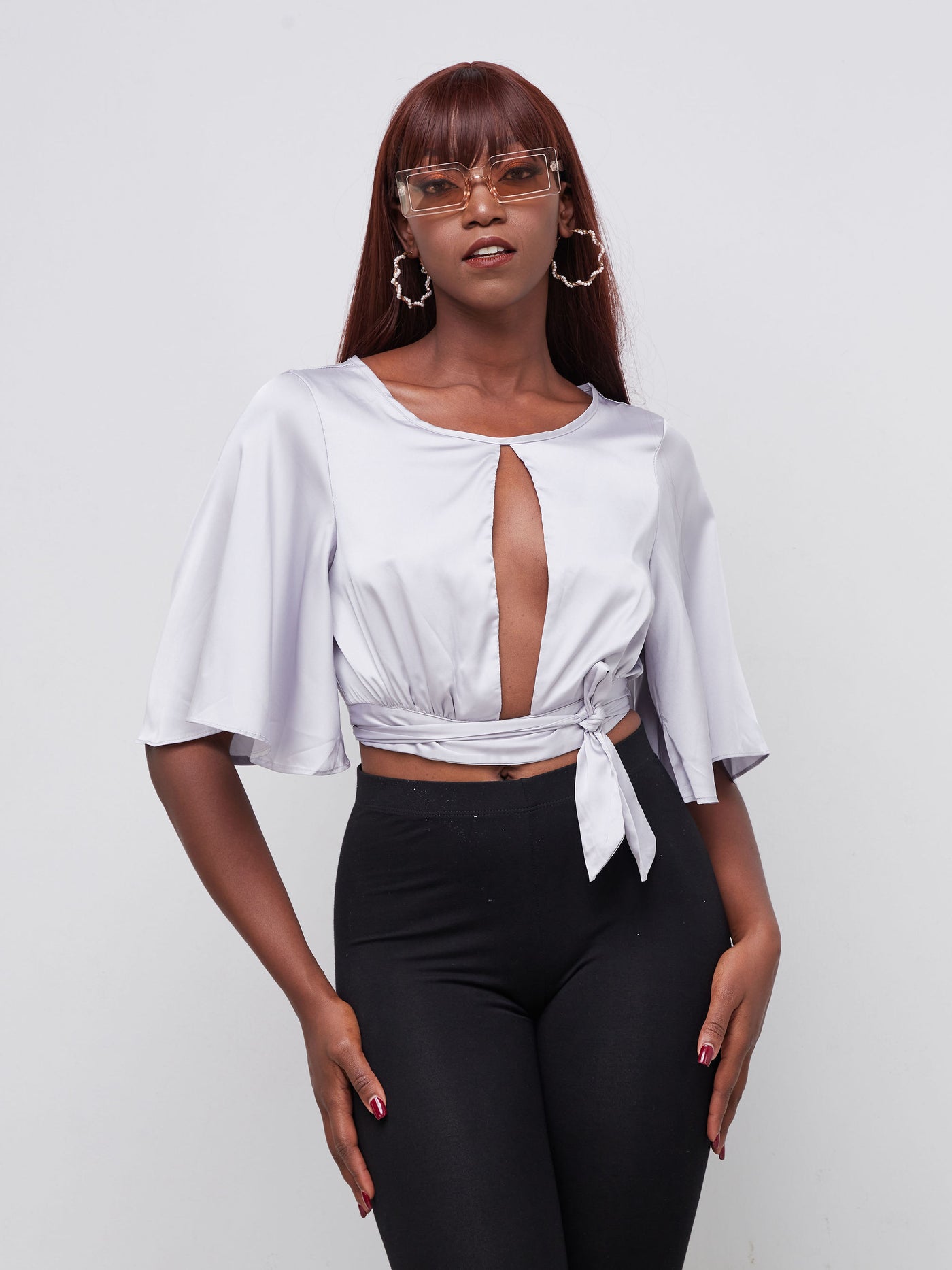 Anika Cut-out Satin Top with Flared Sleeves - Silver