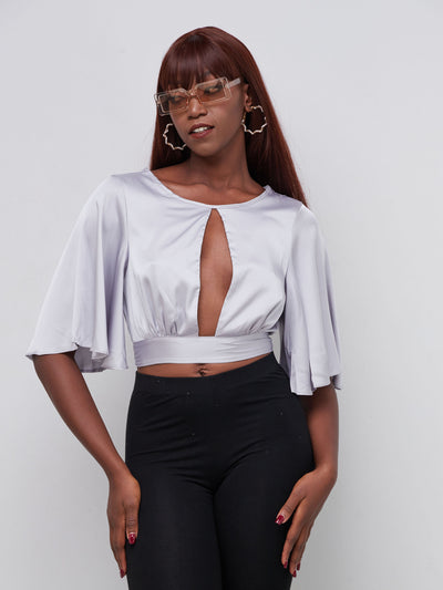Anika Cut-out Satin Top with Flared Sleeves - Silver