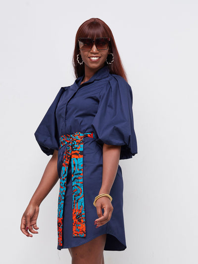 Safari Mali Bishop Sleeve Shirt Dress - Navy Blue