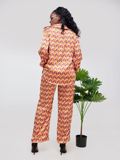 Alara Two Piece Abstract Patterned Shirt and Pants Set - Warm tones - Shopzetu