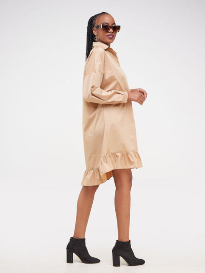 Safari Kaya Long Sleeve Dolman Flounce Shirt Dress - Taupe - Shopzetu