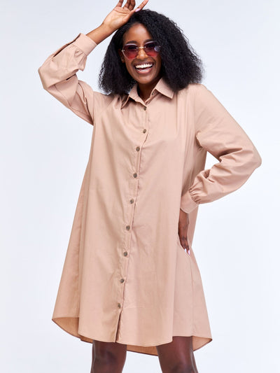 Safari Kaya Long Sleeve Shirt Dress - Taupe - Shopzetu