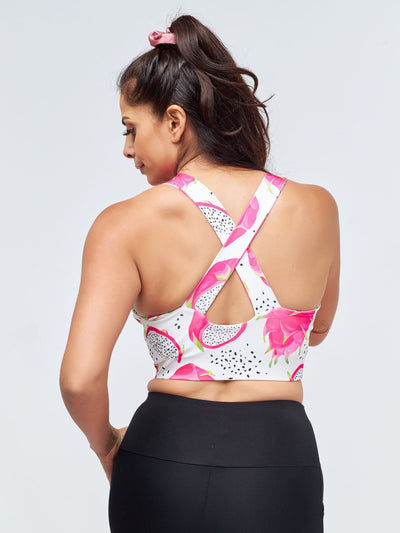 Vivo X Pinky Sleeveless Cross Back Fitness Bra - White / Pink Abstract Print - Shopzetu