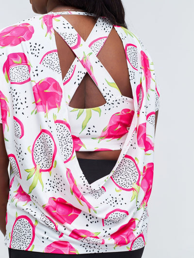 Vivo X Pinky Drop Shoulder Cowl Back Top - White / Pink Abstract Print - Shopzetu