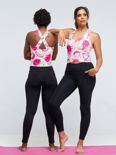 Vivo X Pinky Sleeveless Crossback Fitness Midriff Top - White / Pink Abstract Print - Shopzetu