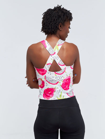 Vivo X Pinky Sleeveless Crossback Fitness Midriff Top - White / Pink Abstract Print - Shopzetu