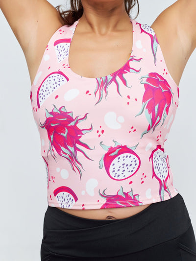 Vivo X Pinky Sleeveless Crossback Fitness Midriff Top - Pink / Dark Pink Abstract Print - Shopzetu