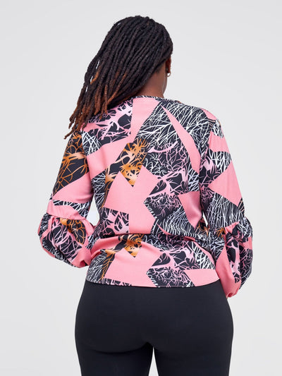 Vivo Zena Panel Long Sleeve V Neck Top - Pink / Black Abstract Print - Shopzetu