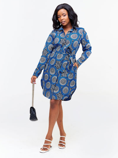 Safari Nimali Long Sleeve Shirt Dress - Blue / White Ankara Print - Shopzetu