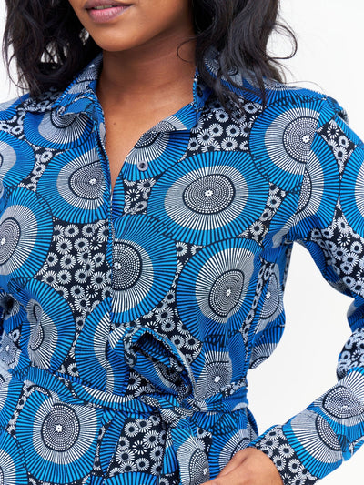 Safari Nimali Long Sleeve Shirt Dress - Blue / White Ankara Print - Shopzetu