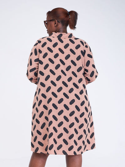 Vivo Basic Long Sleeve Tent Shirt Dress - Taupe / Black Abstract Print - Shopzetu