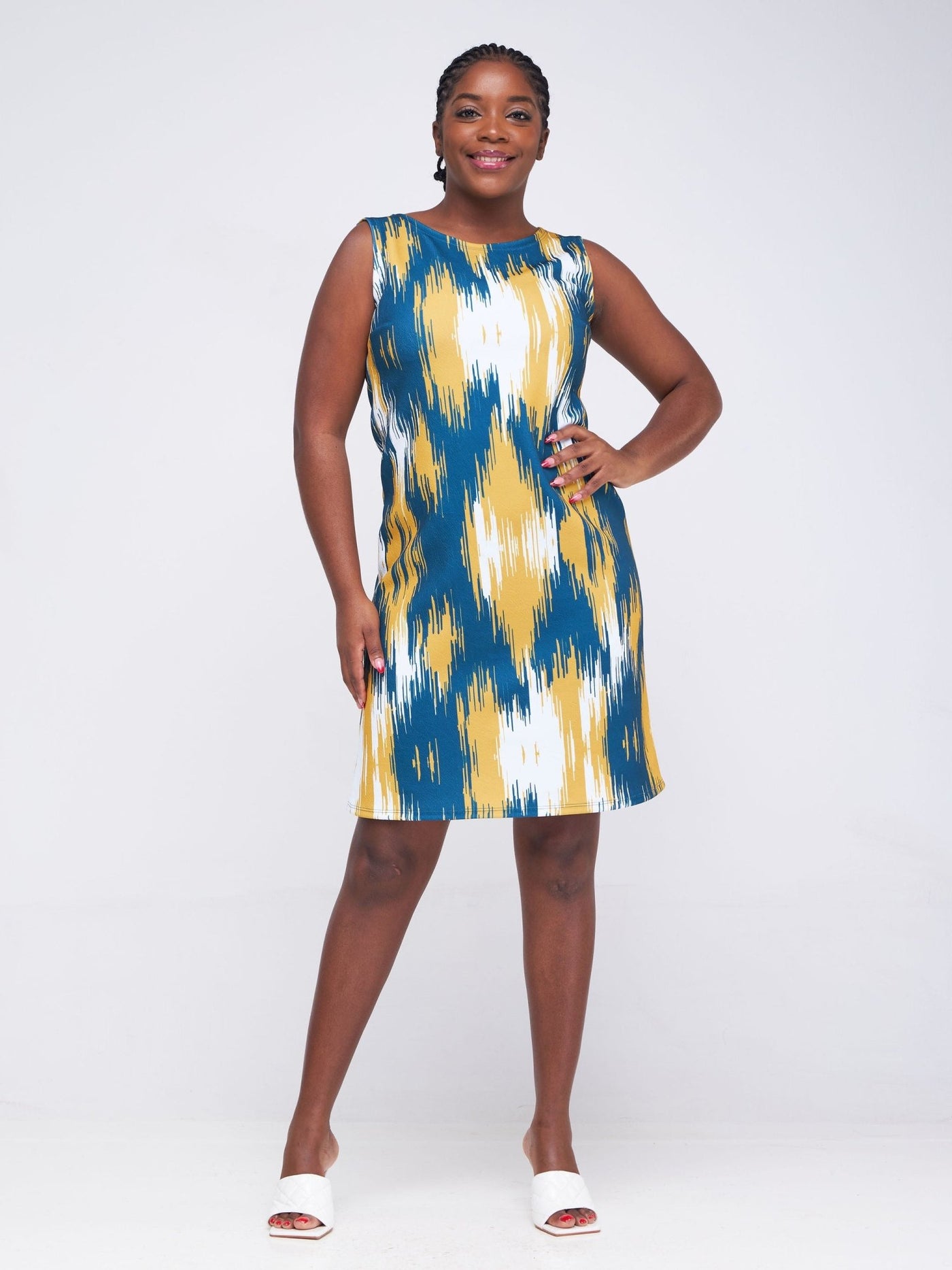 Vivo Hema Sleeveless A-Line Knee Length Dress - Teal / Mustard Abstract Print - Shopzetu