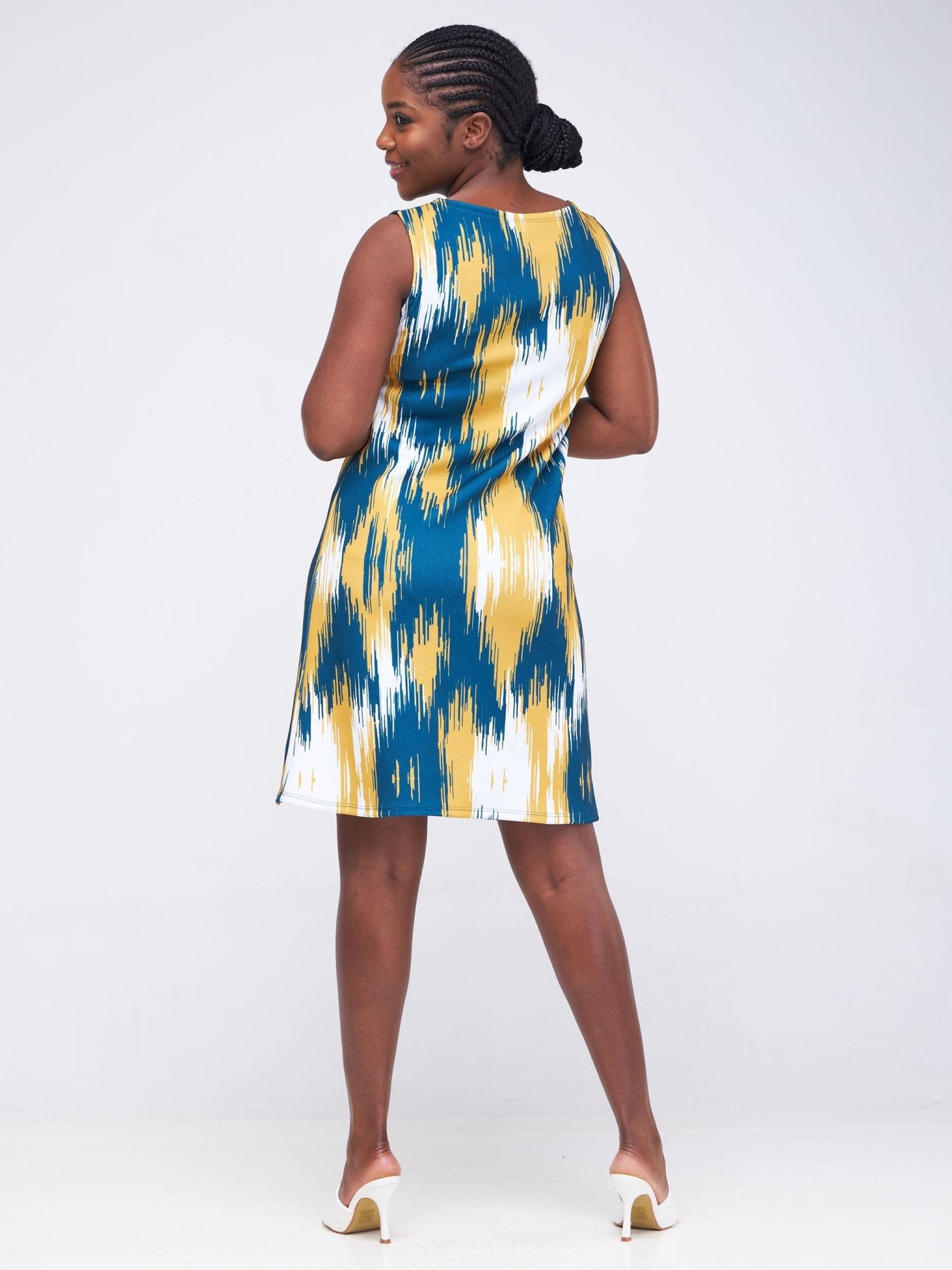 Vivo Hema Sleeveless A-Line Knee Length Dress - Teal / Mustard Abstract Print - Shopzetu