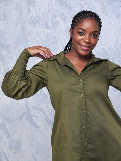 Safari Hawi Bishop Sleeve Tent Shirt Dress - Hunters Green - Shopzetu