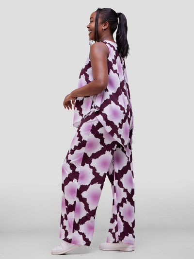 Vivo Soleil Sleeveless Drape Jumpsuit - Mulberry / Dusty Pink Almasi Print - Shopzetu