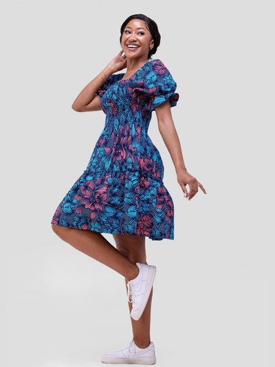 Vivo Kitenge Bustier Knee Length Dress - Blue / Pink Abstract Print - Shopzetu
