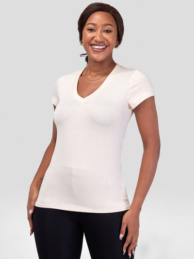 Vivo Basic V-neck Cap Sleeve Top - Buttermilk - Shopzetu