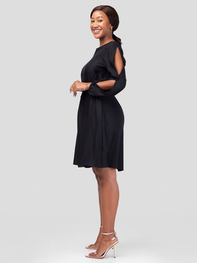 Vivo Tunu Long Slit Sleeve Knee Length Shift Dress - Black - Shopzetu