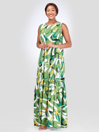Vivo Ayana Sleeveless Maxi Dress - Green / Mustard Abstract Print - Shopzetu