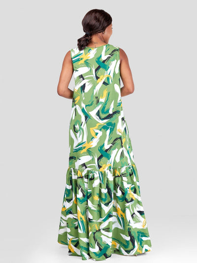 Vivo Ayana Sleeveless Maxi Dress - Green / Mustard Abstract Print - Shopzetu