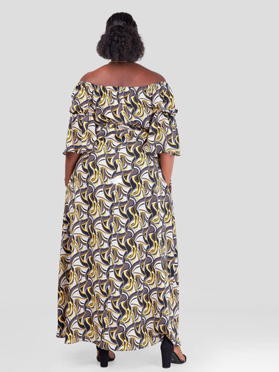 Vivo Tana Off Shoulder Maxi Dress - Black / Mustard Abstract Print - Shopzetu