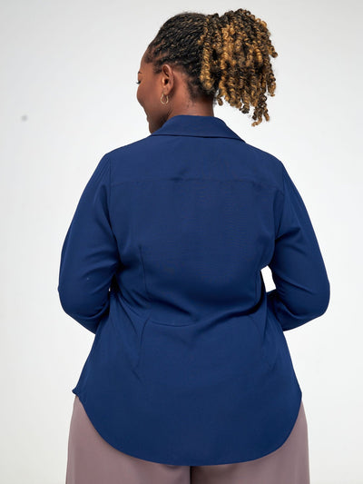 Vivo Sani Long Sleeve Ruffle Placket Shirt - Navy Blue - Shopzetu