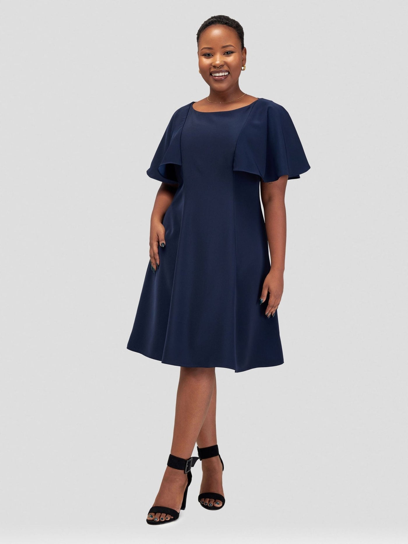 Vivo Sani Cape Sleeve Round Neck A-line Dress - Navy Blue - Shopzetu