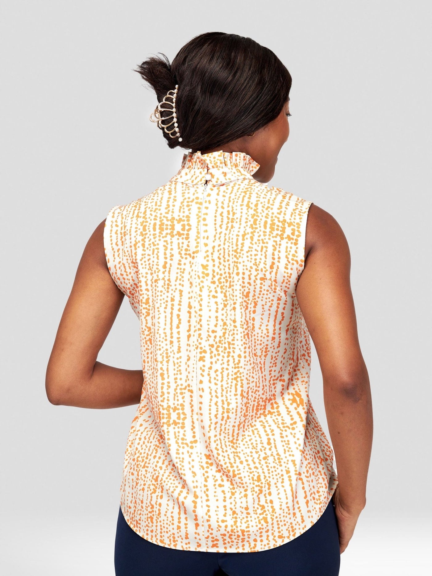 Vivo Sani Sleeveless Ruffle Neck Top - Off White / Orange Heri Abstract Print - Shopzetu