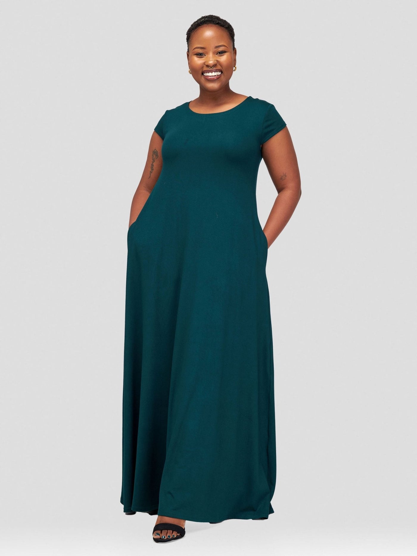 Vivo Leila Cap Sleeve Tent Maxi Dress - Dark Green - Shopzetu