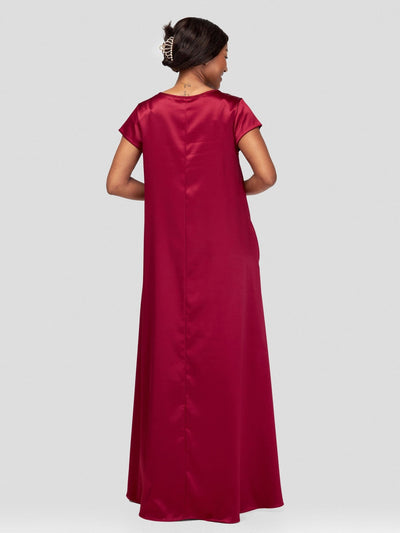 Vivo Basic Satin Cap Sleeve Maxi Dress - Maroon - Shopzetu