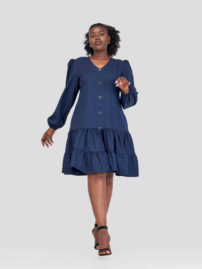 Jolly Fancy Wear Puffed Sleeve Shift Dress - Navy Blue - Shopzetu