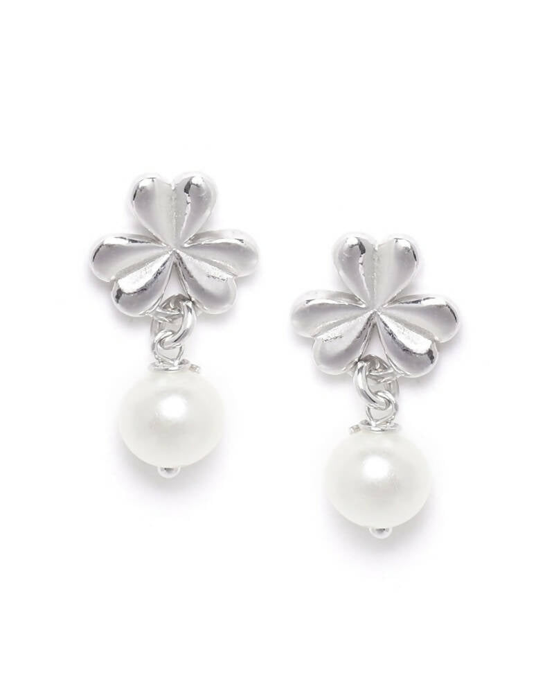 Slaks World Fashion Silver & White Floral Drop Earrings-Silver