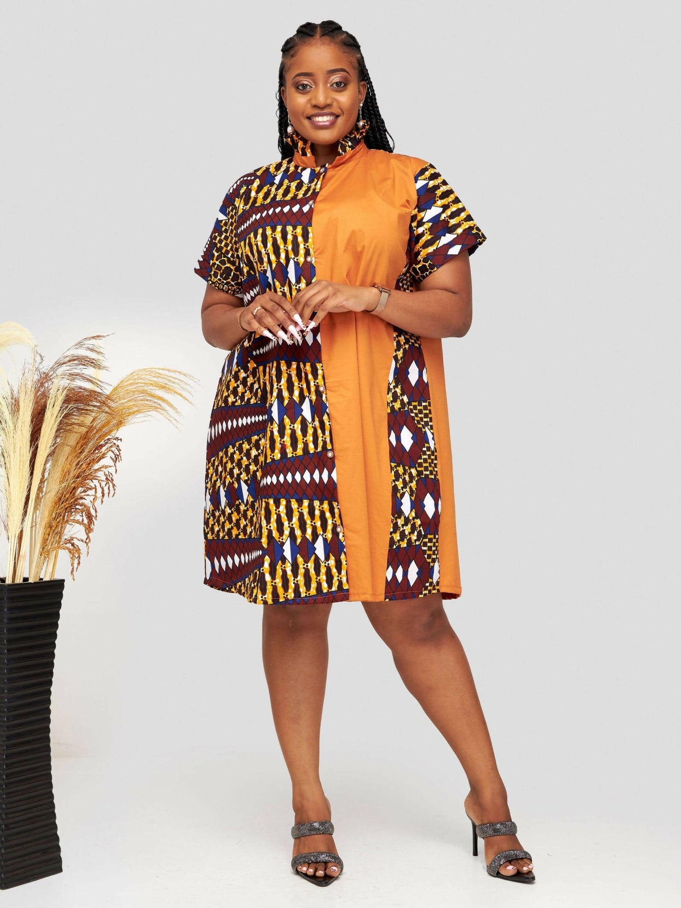Vazi Afriq cotton Ankara Shirt Dress - Brown / Golden Print - Shopzetu