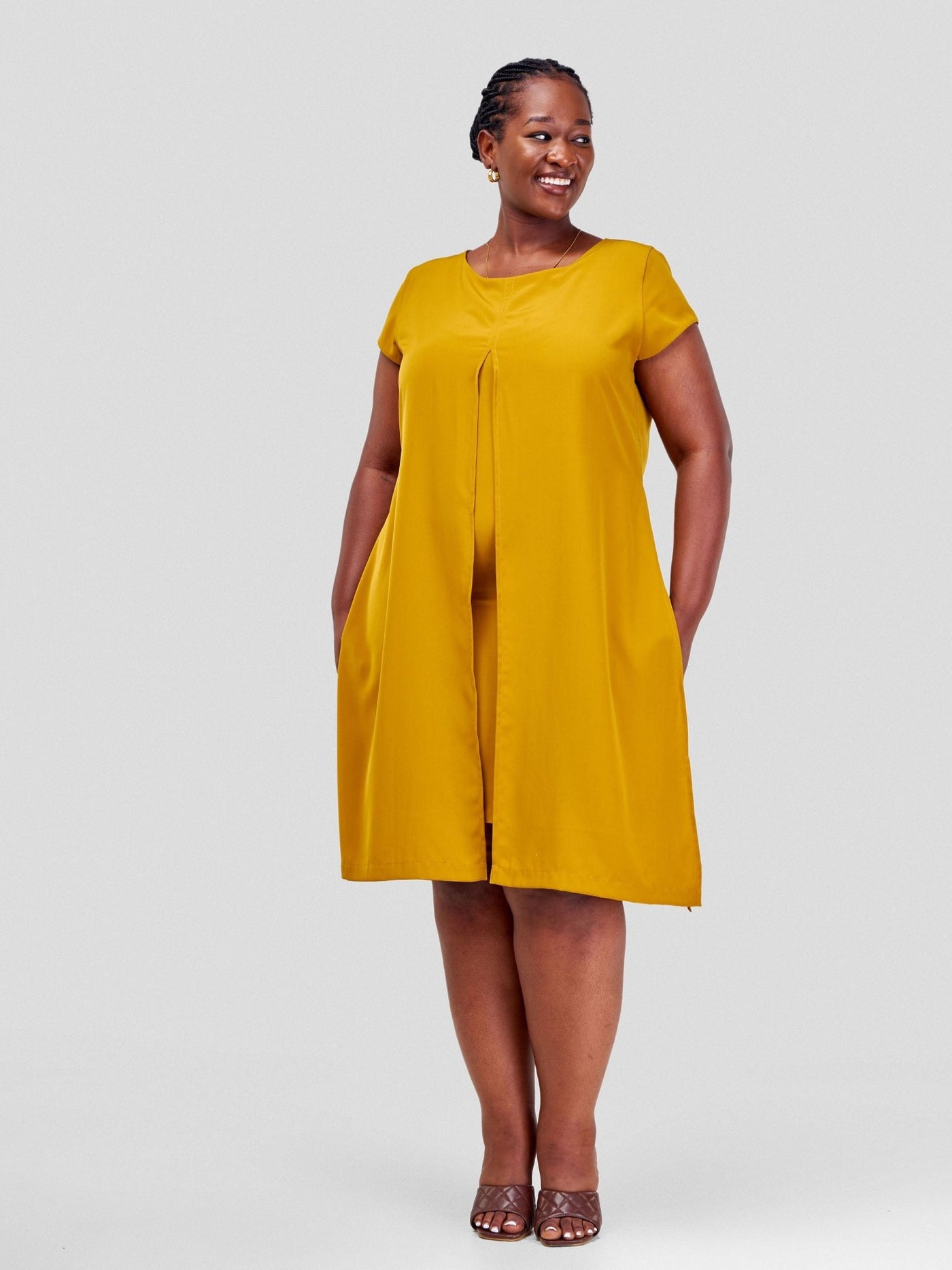 Vivo Amara Cap Sleeve Layered Dress - Mustard - Shopzetu