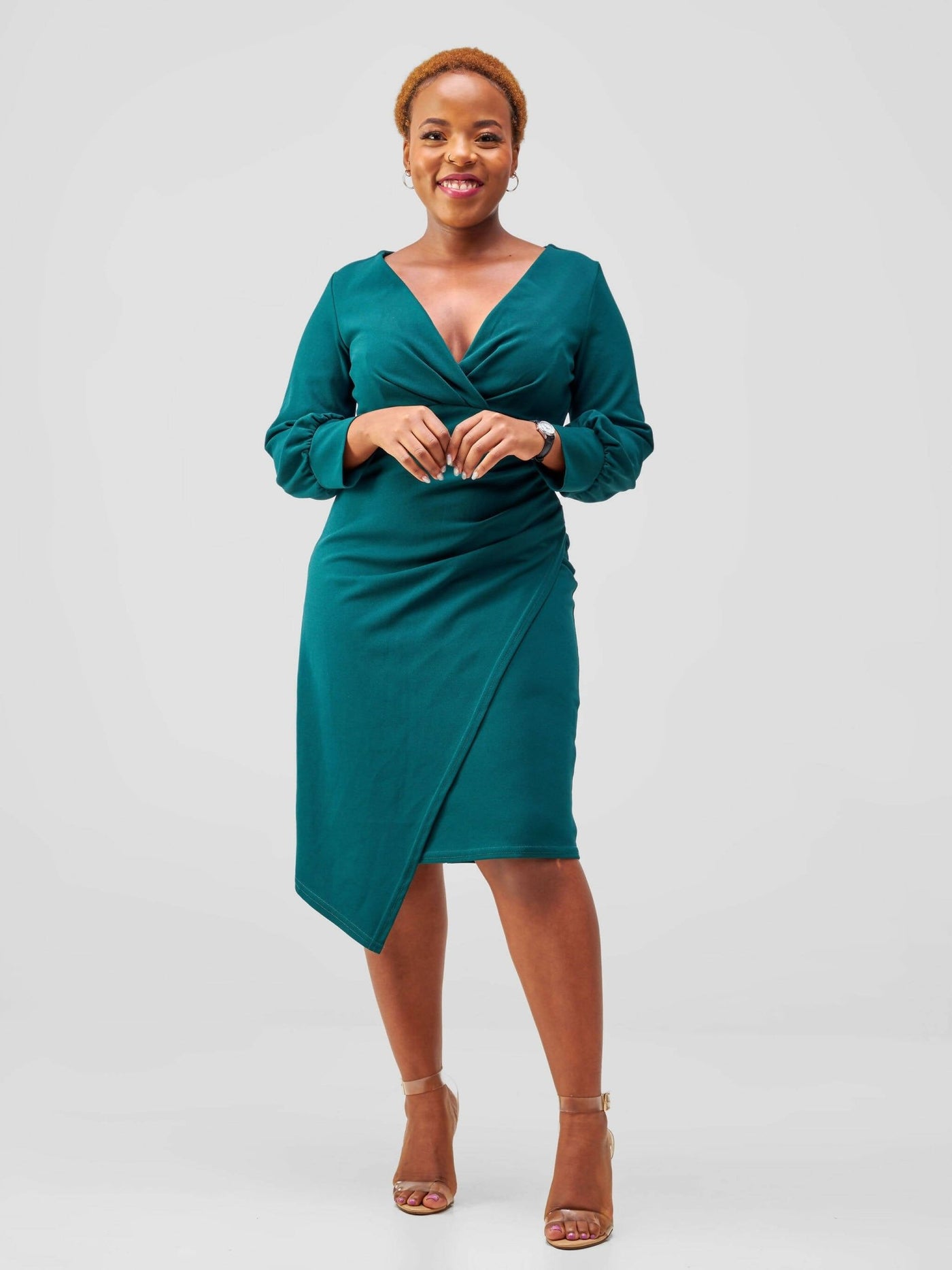 Immaculate Chic Wrap Pleat Dress - Emerald Green - Shopzetu