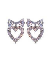 Slaks World Fashion Love Heart & Bow Stud Earrings - White - Shopzetu