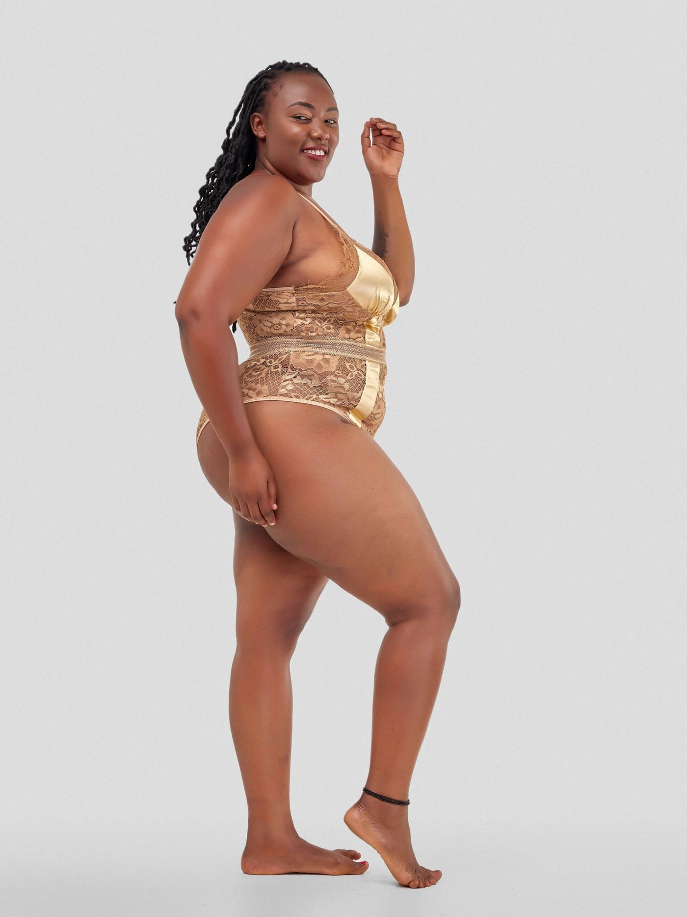 Intimates Kenya High Quality Eyelash Lace Splice Sexy Bodysuit - Beige - Shopzetu
