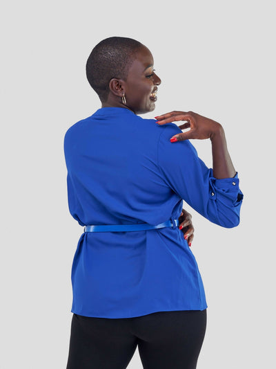The Fashion Frenzy Belted Mock Pocket Long Sleeve Blouse - Blue - Shopzetu