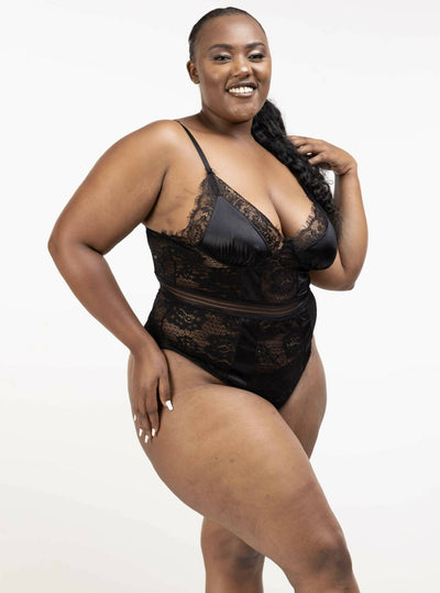 Intimates Kenya High Quality Eyelash Lace Splice Sexy Bodysuit - Black - Shopzetu