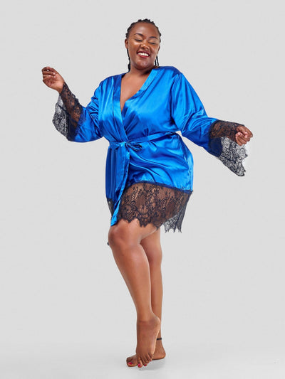 Intimates Kenya Eyelash Lace Nightdress Silk Long Sleeves Sleepwear with G String - Blue - Shopzetu