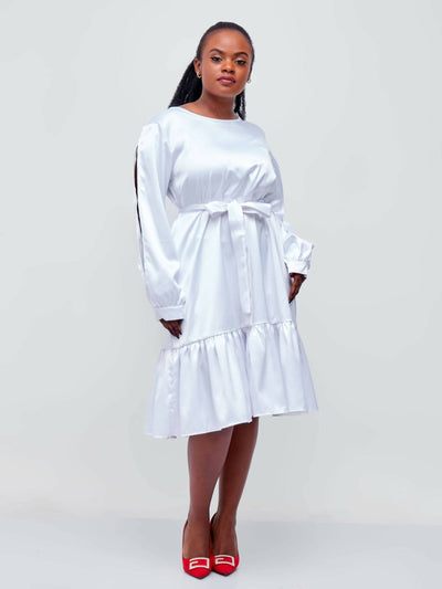 Lizola Fancy Silk with Hand Sleeve Dress - White - Shopzetu
