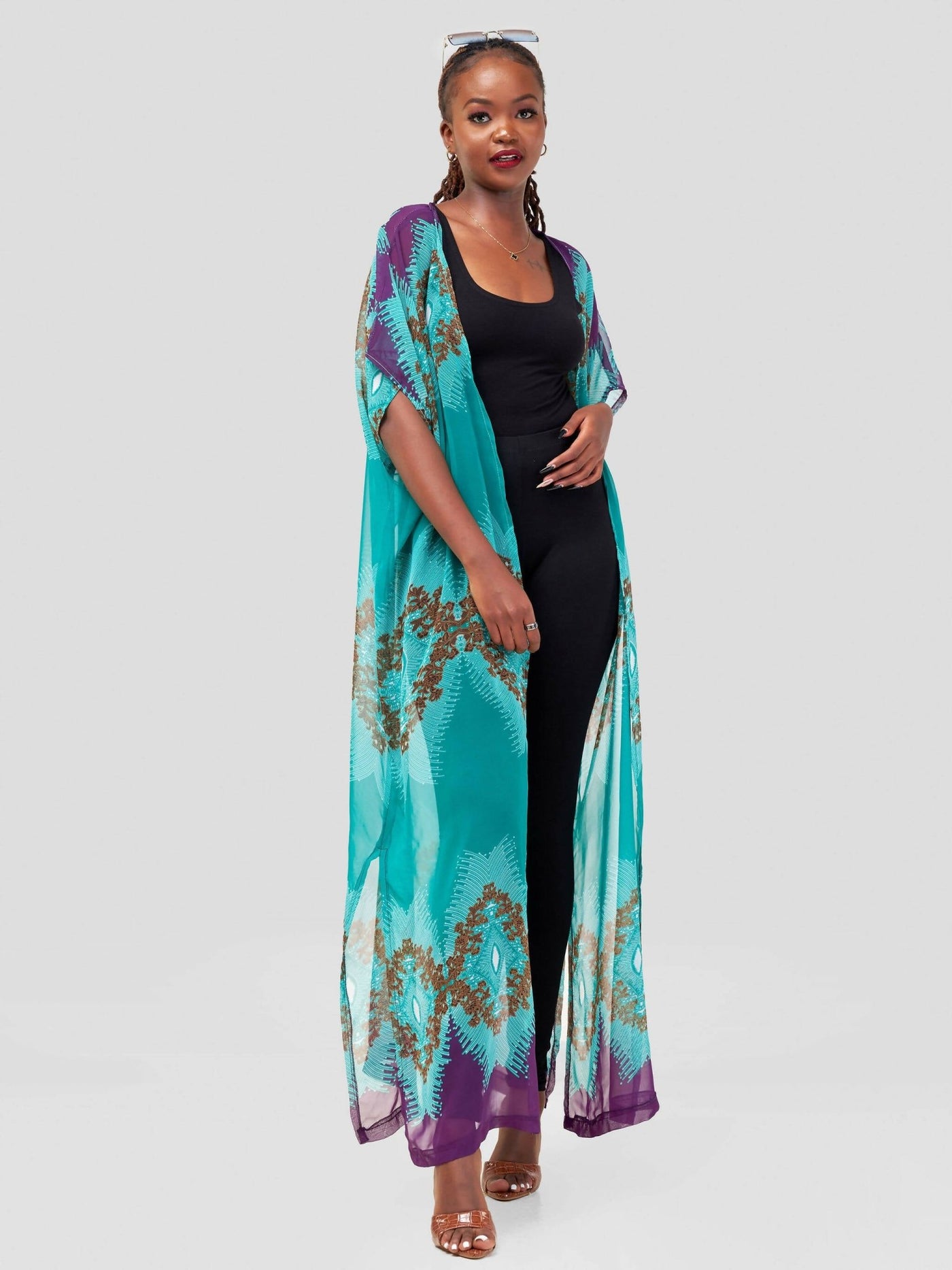 Tausi Flowy Kimono - Green / Purple print - Shopzetu