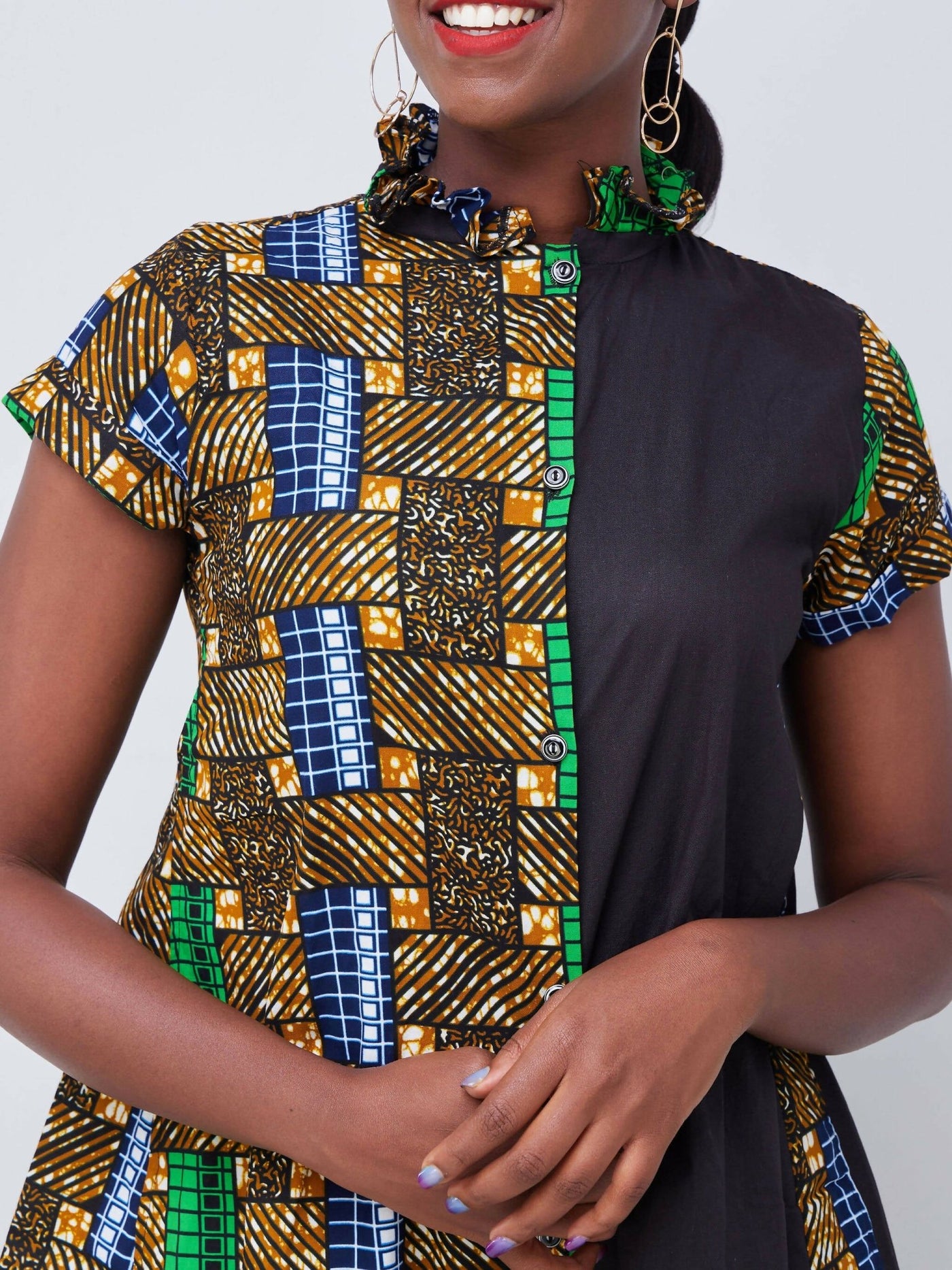 Vazi Afriq Cotton Ankara Shirt Dress - Brown / Black - Shopzetu