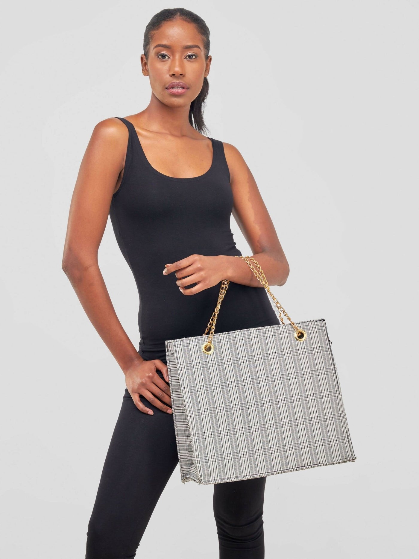 Kay Designs Chained Handbag - Black/White Checked - Shopzetu