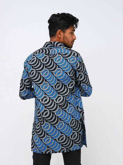 Beqss Collar Ankara Shirt Long Sleeved - Blue / Black Print - Shopzetu