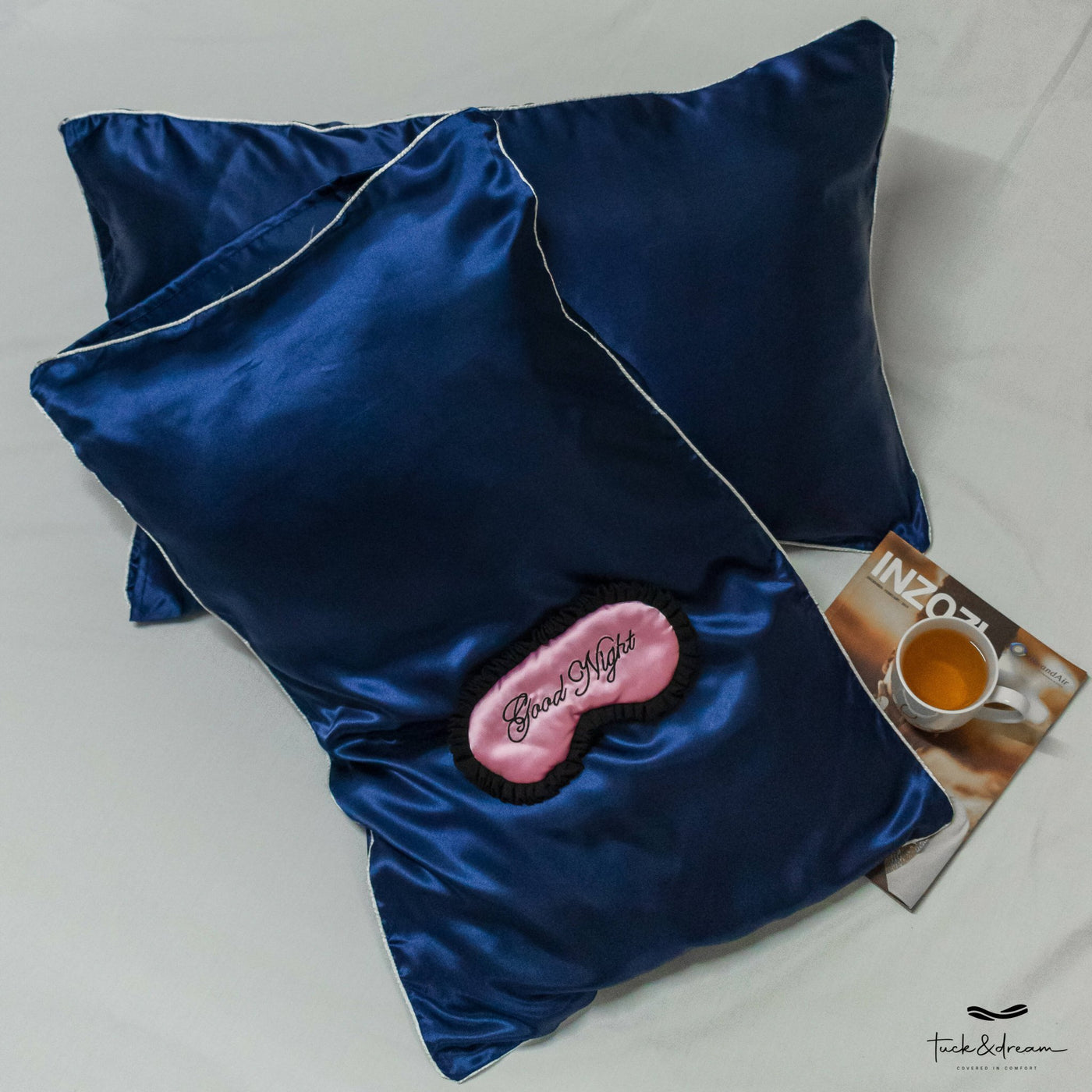 Tuck & Dream Silk Satin Pillow Case Set - Blue - Shopzetu