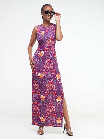 Jaidden Trendy Floral Maxi With a Slit - Purple Print - Shopzetu