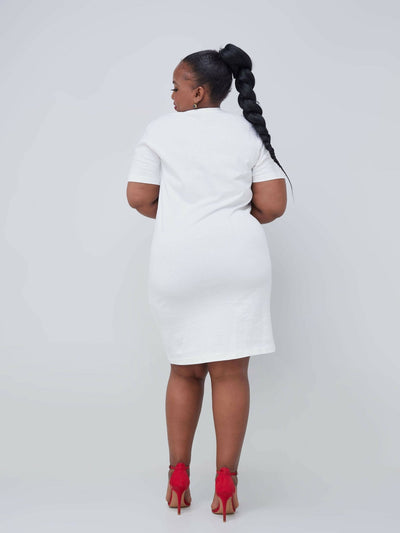 Vazi Afriq Cotton Jersey T-Shirt Dress - White / Black Print - Shopzetu