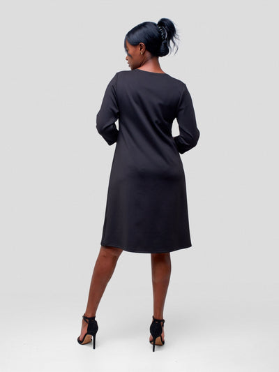 Vivo Jasiri Bell Sleeve Mini Shift Dress - Black (Stretch Nylon) - Shopzetu