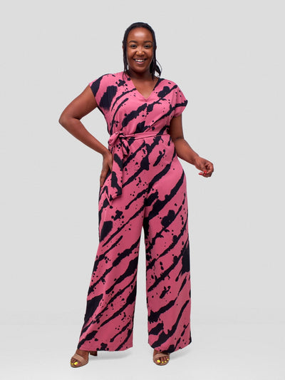 Vivo Ava Jumpsuit - Pink / Black Mistari Diagonal Print - Shopzetu
